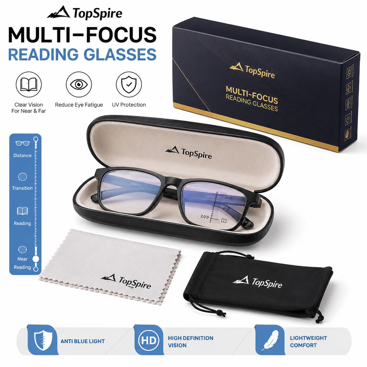 🔥TopSpire™ Adaptive Multifocal Reading Glasses – See Near & Far Without Switching