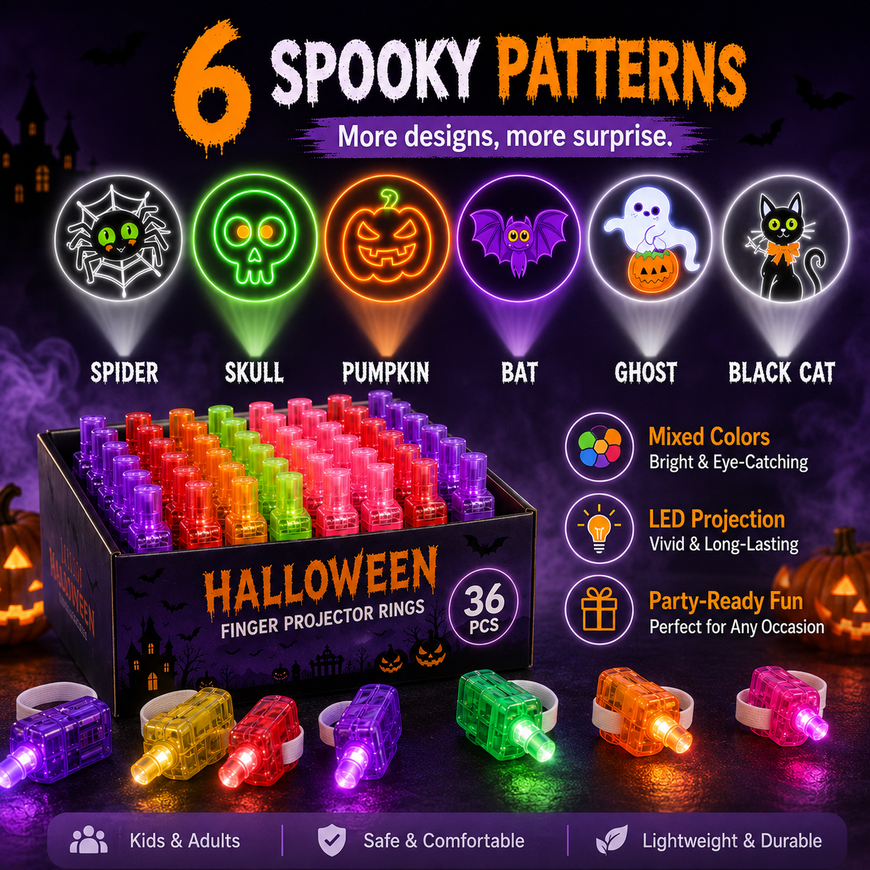 👻🎃 Halloween Finger Projector Rings – LED Party Favors for Kids
