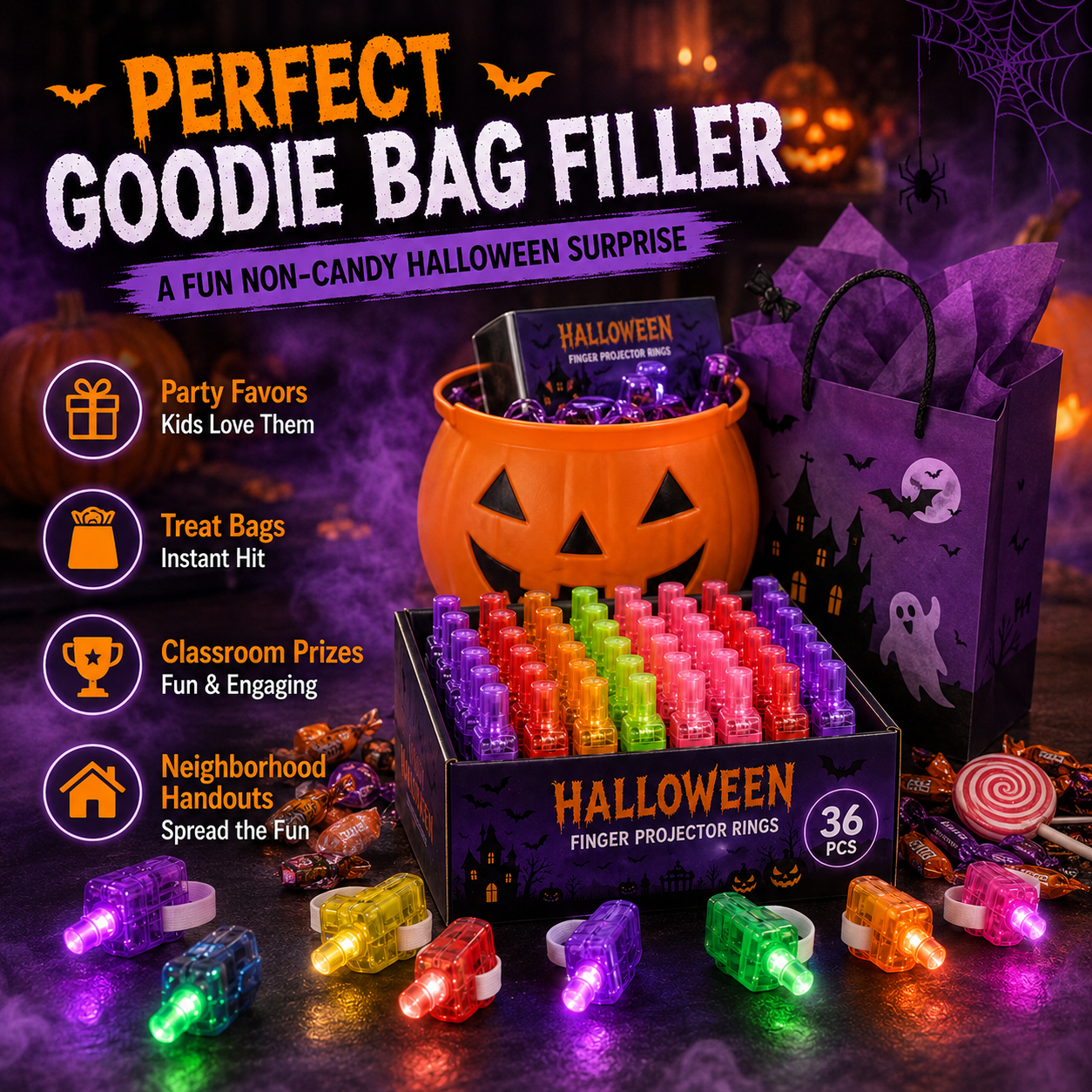 👻🎃 Halloween Finger Projector Rings – LED Party Favors for Kids