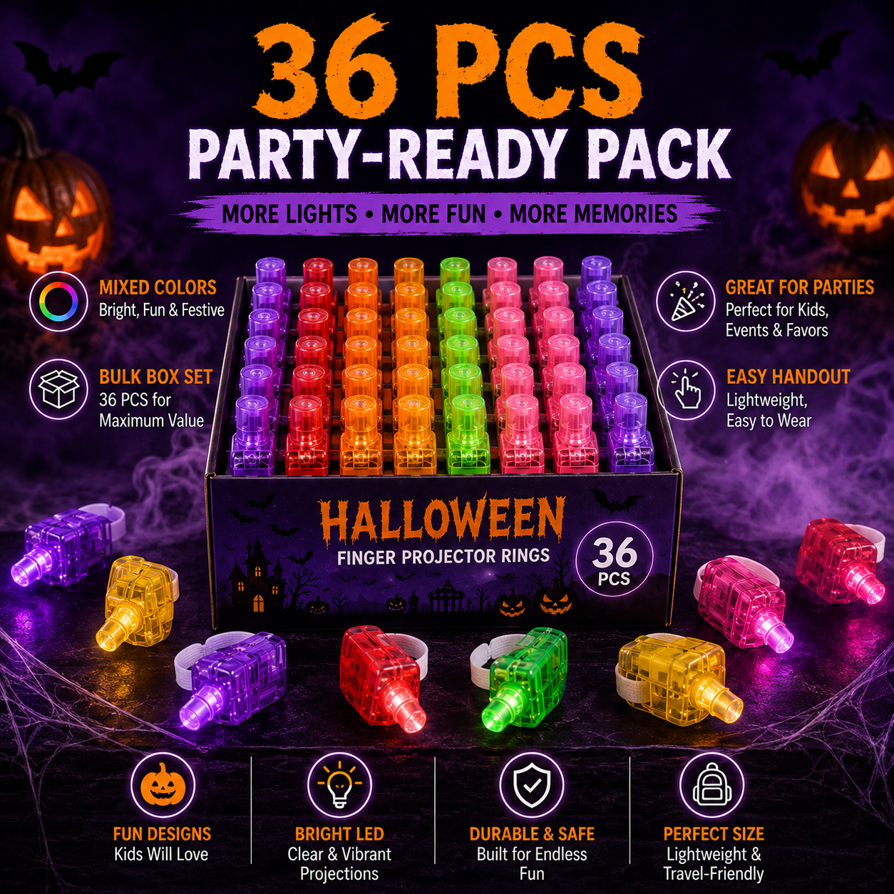 👻🎃 Halloween Finger Projector Rings – LED Party Favors for Kids