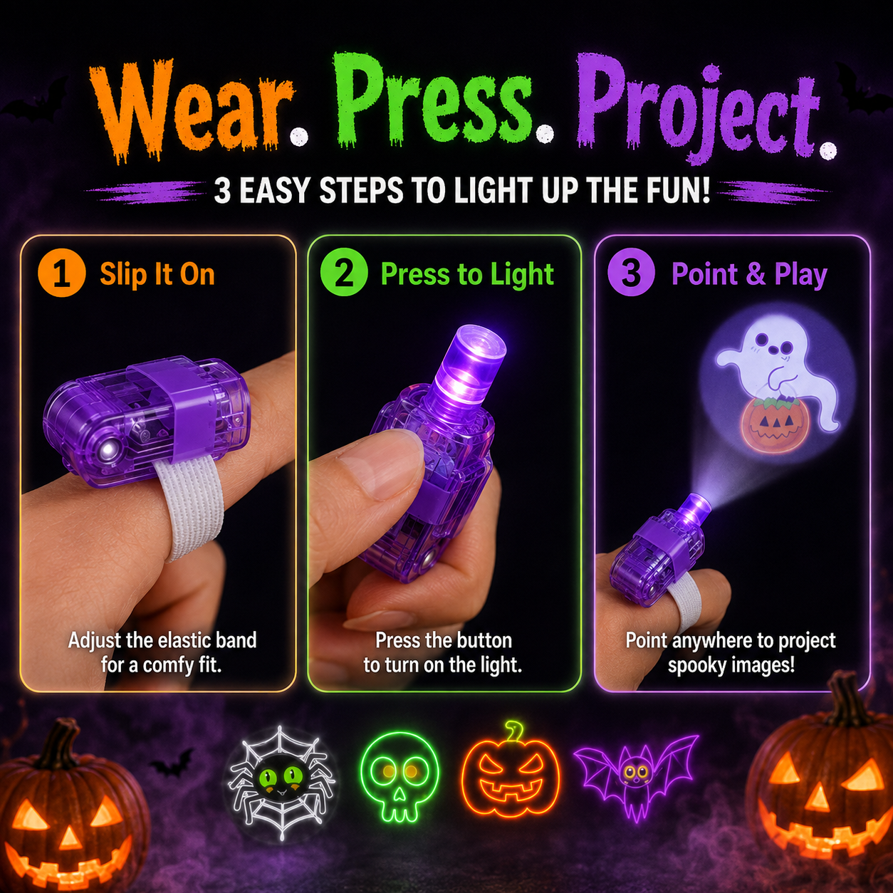 👻🎃 Halloween Finger Projector Rings – LED Party Favors for Kids
