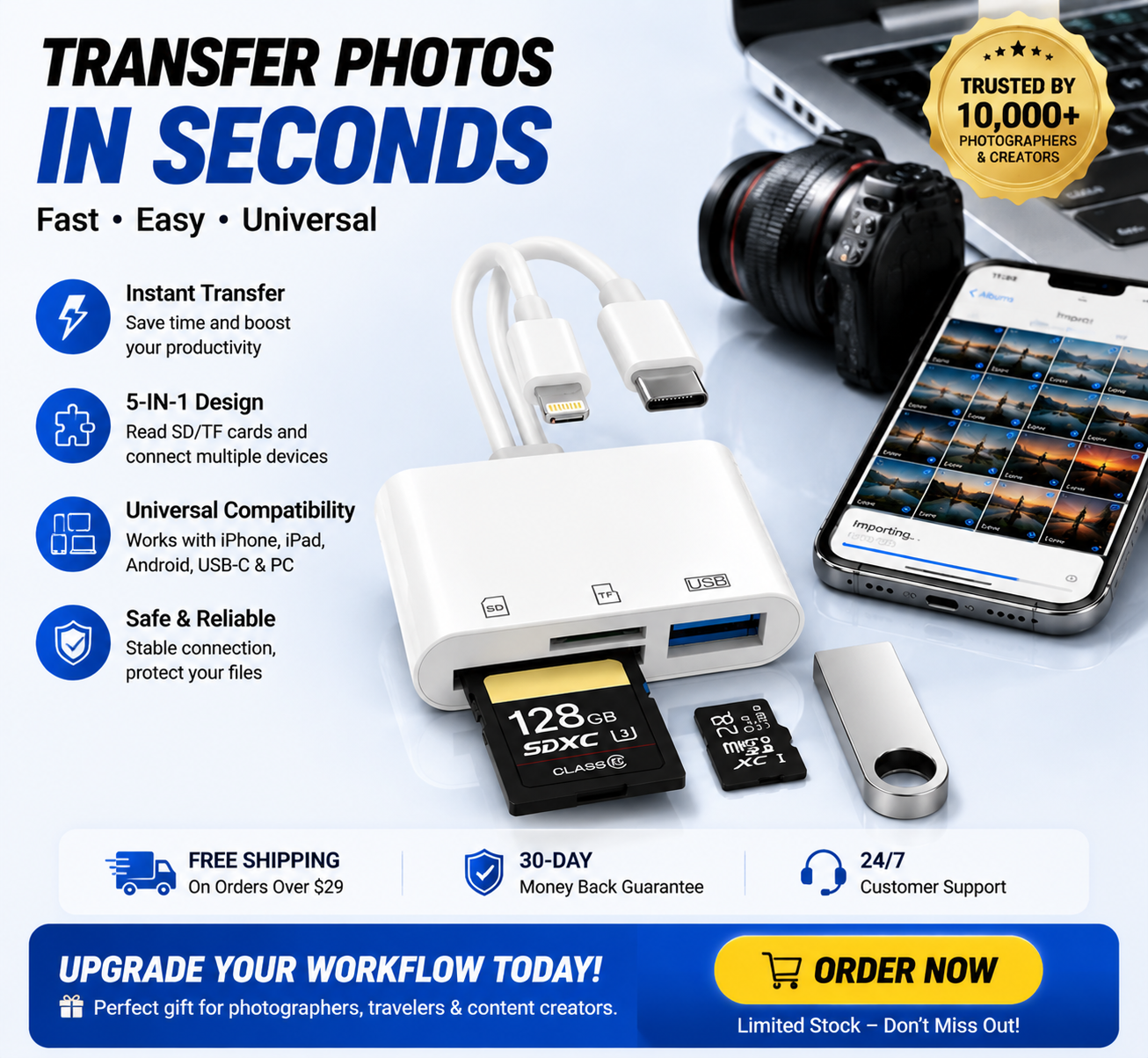 🔌5-in-1 SD Card Reader for iPhone & USB-C – Fast Photo & Video Transfer Adapter