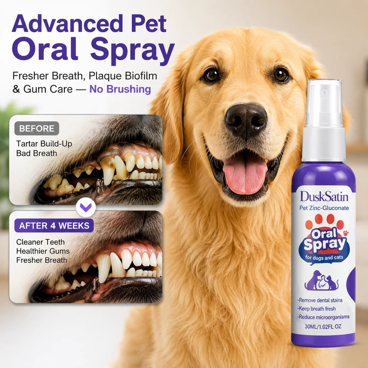 Dusksatin™ Advanced Pet Oral Spray | Fresher Breath, Plaque Biofilm & Gum Care — No Brushing